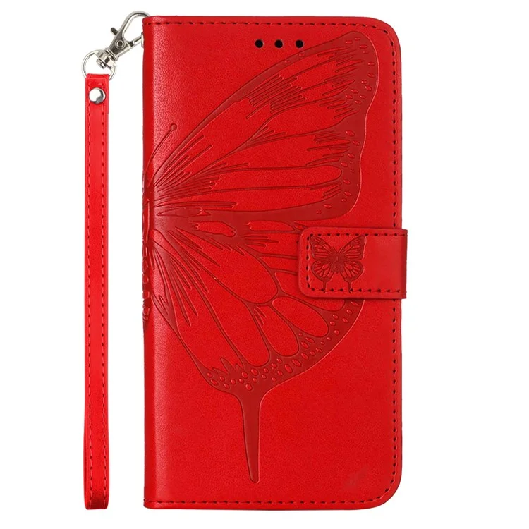 For Xiaomi Redmi A3 4G / Poco C61 4G Wallet Case with Wrist Strap Butterfly Imprint Leather Phone Cover - Red
