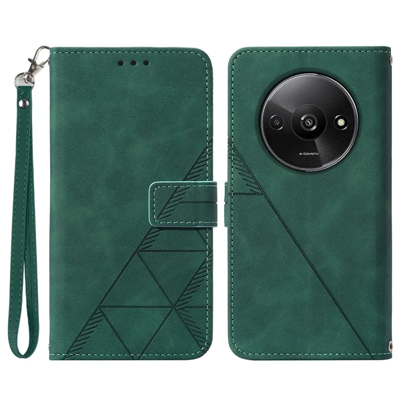 For Xiaomi Redmi A3 4G / Poco C61 4G Leather Case with Hand Strap Wallet Stand Phone Cover - Blackish Green