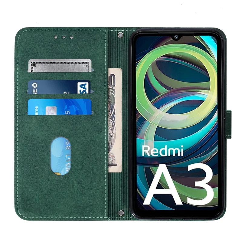 For Xiaomi Redmi A3 4G / Poco C61 4G Leather Case with Hand Strap Wallet Stand Phone Cover - Blackish Green