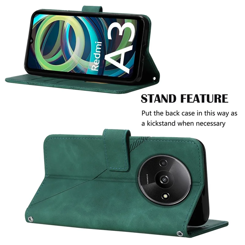 For Xiaomi Redmi A3 4G / Poco C61 4G Leather Case with Hand Strap Wallet Stand Phone Cover - Blackish Green