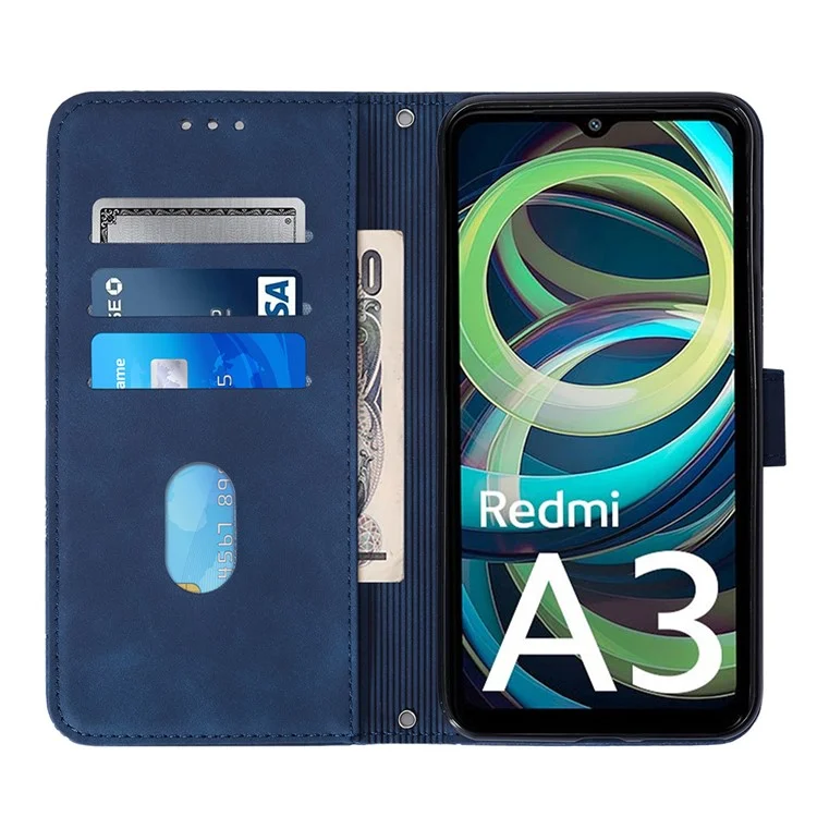 YB Imprinting Series-2 Per Xiaomi Redmi A3 Case PU Copertina Del Telefono Con Linea Spalla Con Spalla in Pelle - Zaffiro