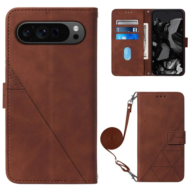 For Google Pixel 9 Pro XL Leather Case with Shoulder Strap Wallet Stand Phone Cover - Brown