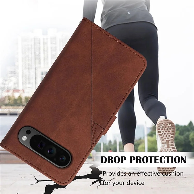For Google Pixel 9 Pro XL Leather Case with Shoulder Strap Wallet Stand Phone Cover - Brown