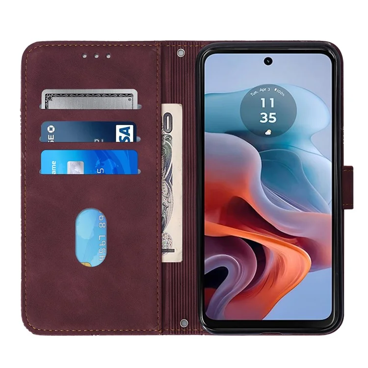 YB Imprinting Series-2 per Motorola Moto G45 5G / G34 5G Custodia Portafoglio Pelle Stampata con Tracolla - Vino Rosso