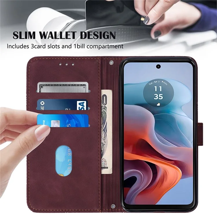 YB Imprinting Series-2 per Motorola Moto G45 5G / G34 5G Custodia Portafoglio Pelle Stampata con Tracolla - Vino Rosso