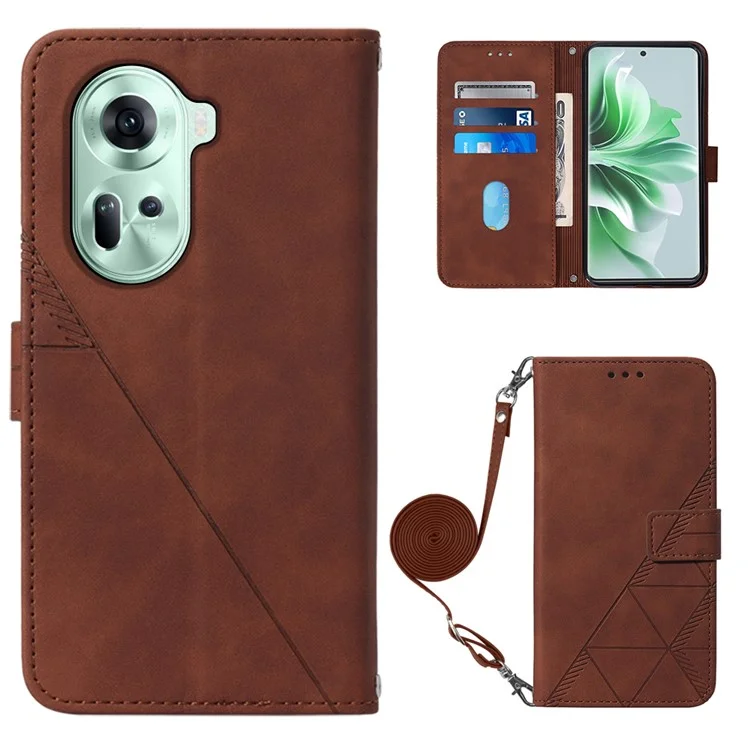For Oppo Reno11 5G (Global) Leather Case with Shoulder Strap Wallet Stand Phone Cover - Brown