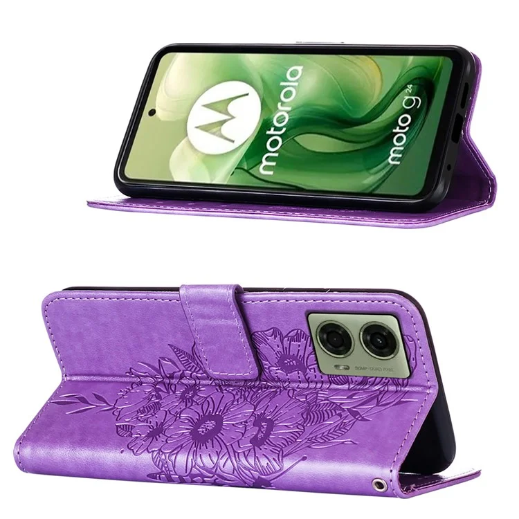 For Motorola Moto E14 4G / G04 4G / G04s 4G / G24 4G Wallet Case with Wrist Strap Butterfly Imprint Leather Phone Cover - Purple