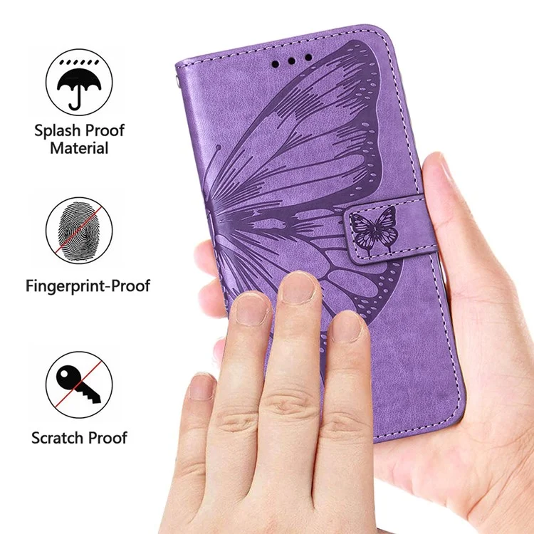For Motorola Moto E14 4G / G04 4G / G04s 4G / G24 4G Wallet Case with Wrist Strap Butterfly Imprint Leather Phone Cover - Purple