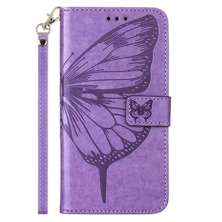 For Motorola Moto E14 4G / G04 4G / G04s 4G / G24 4G Wallet Case with Wrist Strap Butterfly Imprint Leather Phone Cover - Purple