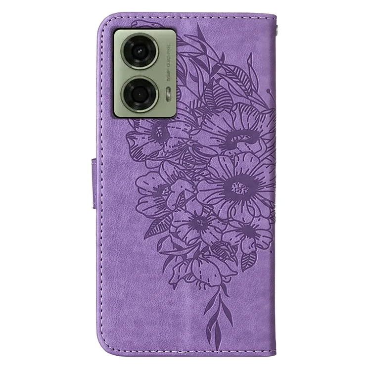 For Motorola Moto E14 4G / G04 4G / G04s 4G / G24 4G Wallet Case with Wrist Strap Butterfly Imprint Leather Phone Cover - Purple
