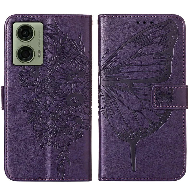 YB Imprinting Series-4 Para Motorola Moto E14 4G / G04 4G / G04s 4G / G24 4G Capa Flip Stand Floral Borboleta Capa de Telefone - Roxo Escuro