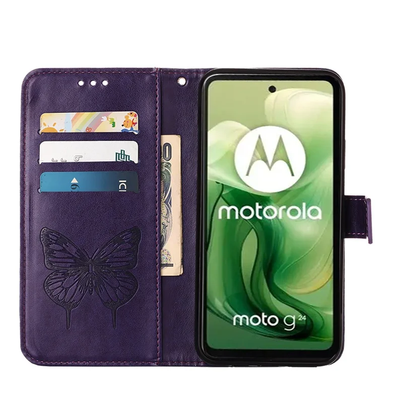 YB Imprinting Series-4 Para Motorola Moto E14 4G / G04 4G / G04s 4G / G24 4G Capa Flip Stand Floral Borboleta Capa de Telefone - Roxo Escuro