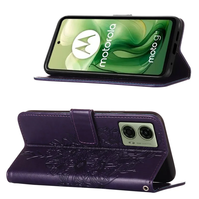 YB Imprinting Series-4 Para Motorola Moto E14 4G / G04 4G / G04s 4G / G24 4G Capa Flip Stand Floral Borboleta Capa de Telefone - Roxo Escuro
