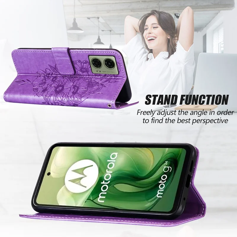 YB Imprinting Series-4 Para Motorola Moto E14 4G / G04 4G / G04s 4G / G24 4G Capa Flip Stand Floral Borboleta Capa de Telefone - Roxo Escuro
