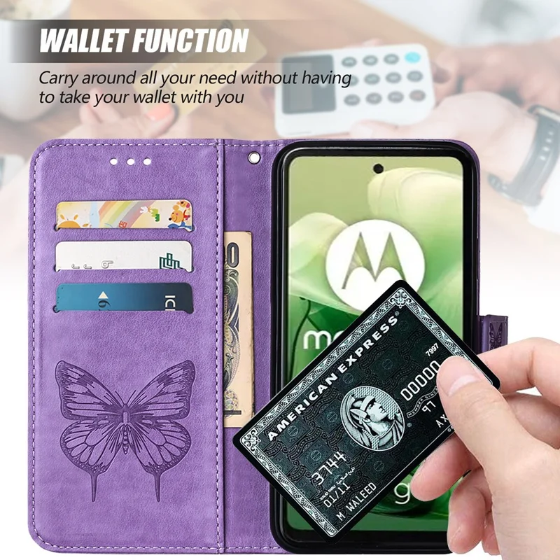 YB Imprinting Series-4 Para Motorola Moto E14 4G / G04 4G / G04s 4G / G24 4G Capa Flip Stand Floral Borboleta Capa de Telefone - Roxo Escuro