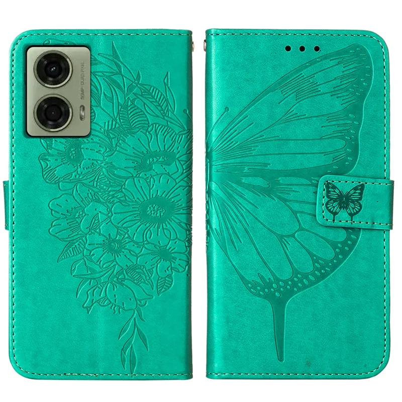 For Motorola Moto E14 4G / G04 4G / G04s 4G / G24 4G Wallet Case with Wrist Strap Butterfly Imprint Leather Phone Cover - Green