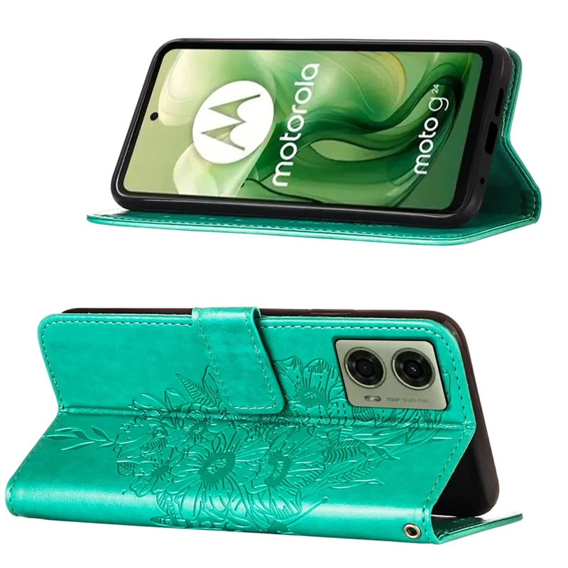 For Motorola Moto E14 4G / G04 4G / G04s 4G / G24 4G Wallet Case with Wrist Strap Butterfly Imprint Leather Phone Cover - Green