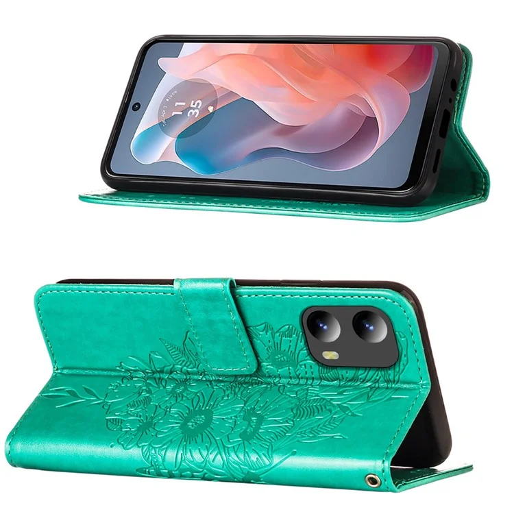 YB Bedruckungsserie-4 für Motorola Moto G Play 5G (2024) / Moto G 5G (2024) Handyhülle mit Blumen-Schmetterlings-Muster - Grün