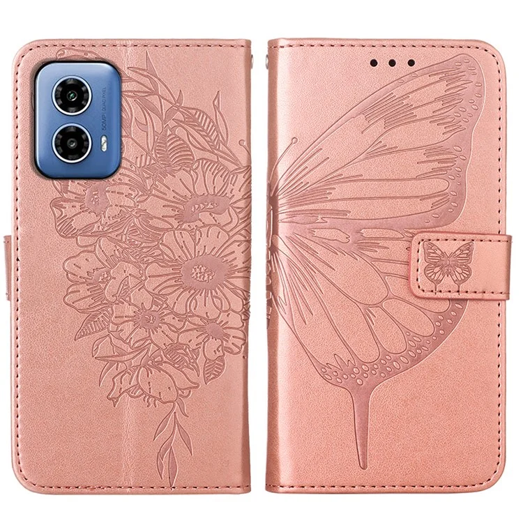 YB Imprinting Series-4 Für Motorola Moto G45 5G / G34 5G Ledercase Flip Stand Floral Butterfly Handyhülle - Roségold