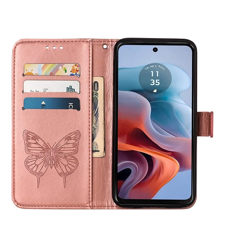 YB Imprinting Series-4 Für Motorola Moto G45 5G / G34 5G Ledercase Flip Stand Floral Butterfly Handyhülle - Roségold