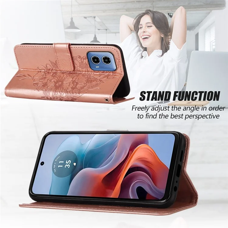 YB Imprinting Series-4 Für Motorola Moto G45 5G / G34 5G Ledercase Flip Stand Floral Butterfly Handyhülle - Roségold
