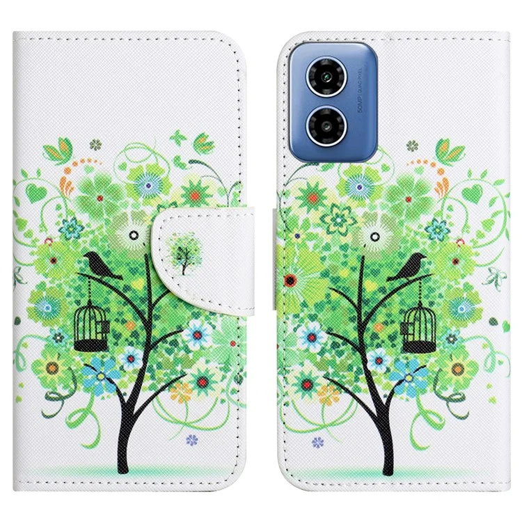 Для Motorola Moto E14 4G / G04 4G / G04s 4G / G24 4G Pattern Printing Phone Cover Cross Texture PU Leather Wallet Stand Case - Green Tree