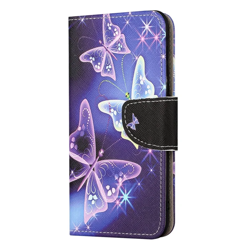 Für Motorola Moto E14 4G / G04 4G / G04s 4G / G24 4G Musterdruckhandyhülle Kreuzstruktur PU-Leder Brieftasche Ständer Fall - Glitzernde Schmetterlinge
