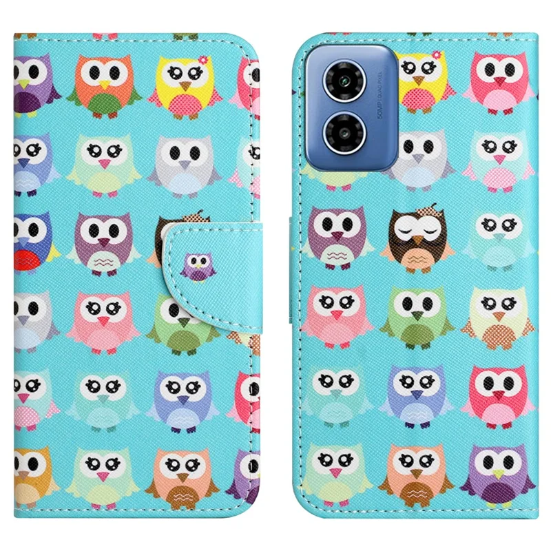 For Motorola Moto E14 4G / G04 4G / G04s 4G / G24 4G Pattern Printing Phone Cover Cross Texture PU Leather Wallet Stand Case - Owls