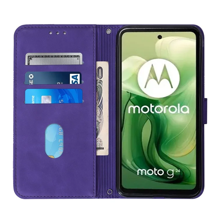 Série d'impression YB-1 pour le boîtier Motorola Moto E14 4G / G04 4G / G04s 4G / G24 4G avec fentes pour cartes, étui à rabat en cuir avec sangle - Violet