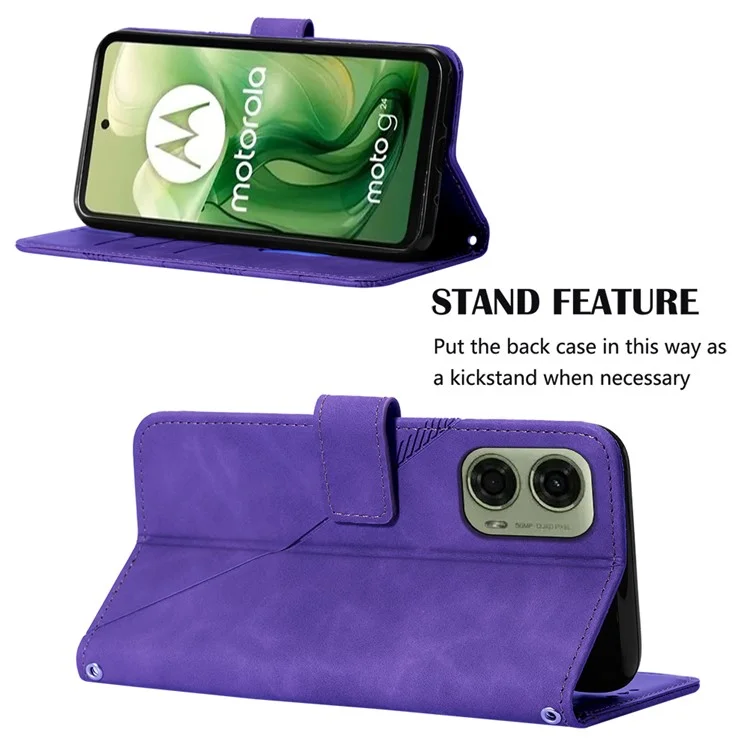 Série d'impression YB-1 pour le boîtier Motorola Moto E14 4G / G04 4G / G04s 4G / G24 4G avec fentes pour cartes, étui à rabat en cuir avec sangle - Violet