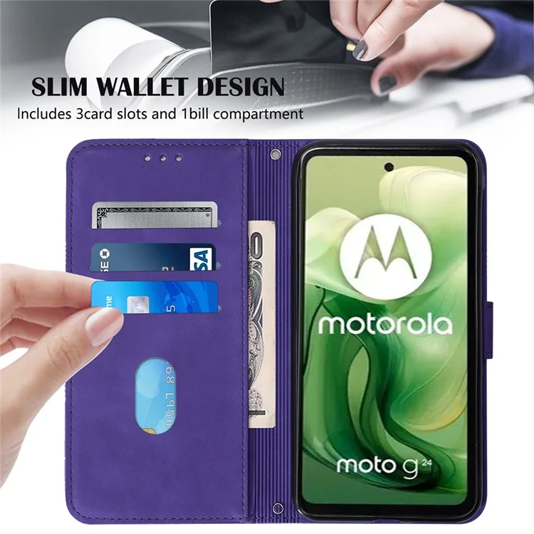 Série d'impression YB-1 pour le boîtier Motorola Moto E14 4G / G04 4G / G04s 4G / G24 4G avec fentes pour cartes, étui à rabat en cuir avec sangle - Violet