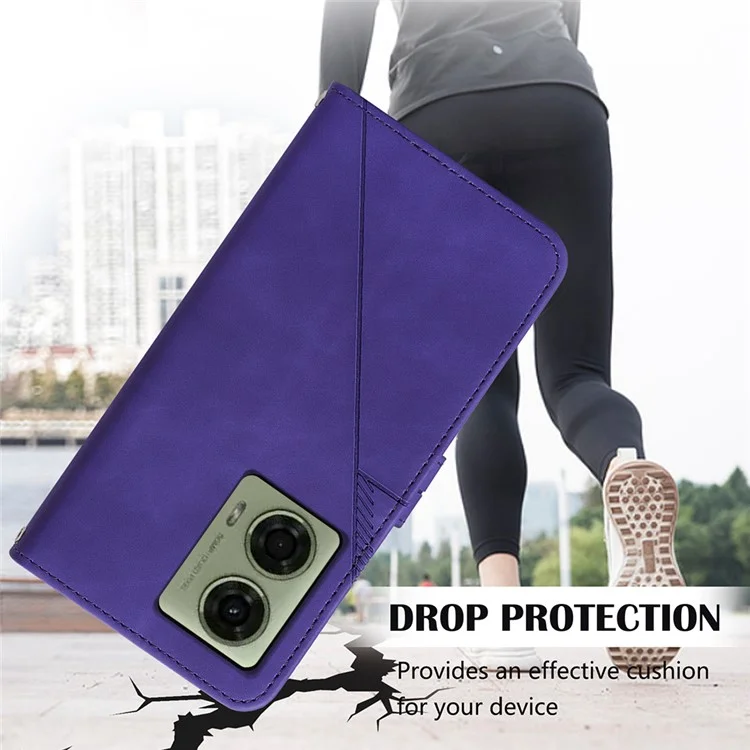 Série d'impression YB-1 pour le boîtier Motorola Moto E14 4G / G04 4G / G04s 4G / G24 4G avec fentes pour cartes, étui à rabat en cuir avec sangle - Violet