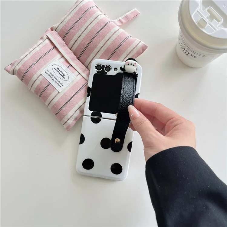 Pour Samsung Galaxy Z Flip5 5G PC Phone Shell Dot Design Slim Phone Case avec Strap - Noir