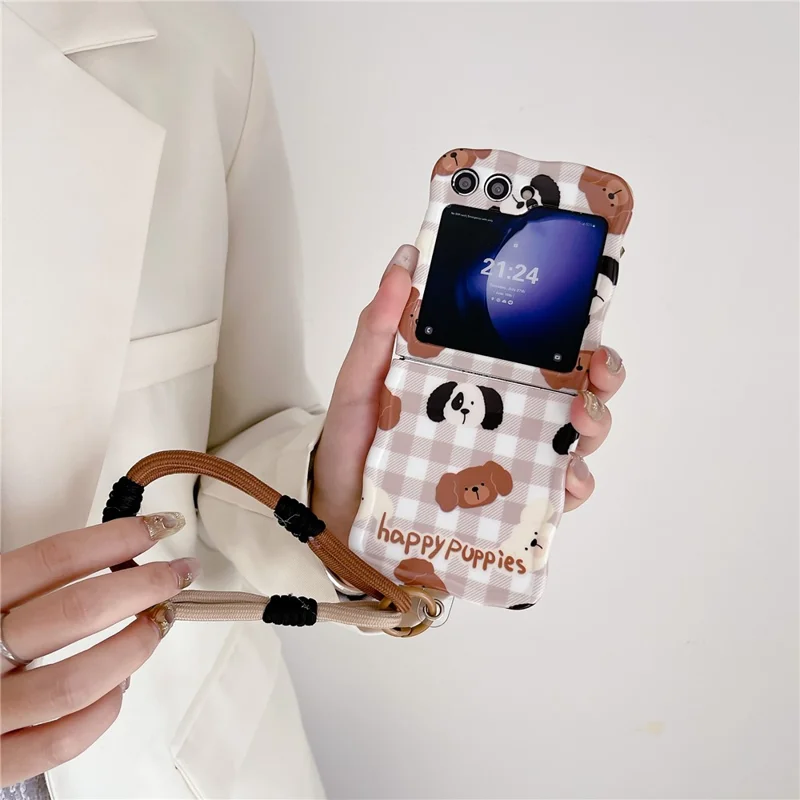 For Samsung Galaxy Z Flip5 5G Cover PC Protective Case with Hand Strap Lovely Pattern - Puppy