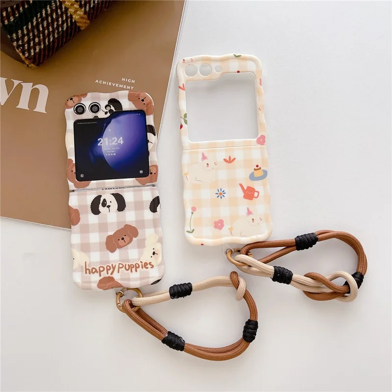 For Samsung Galaxy Z Flip5 5G Cover PC Protective Case with Hand Strap Lovely Pattern - Puppy