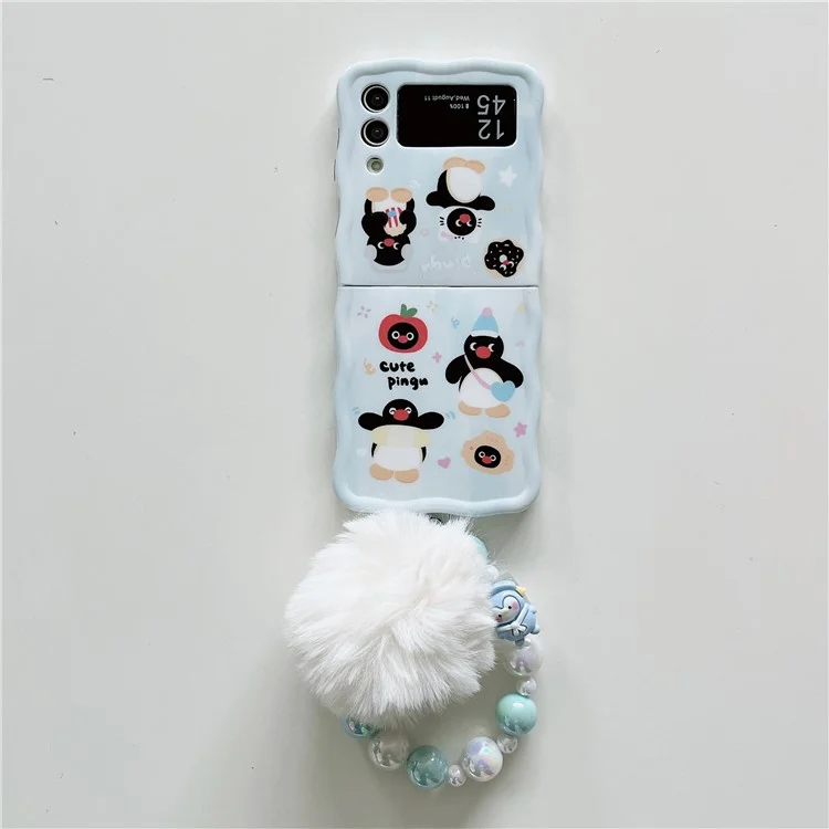 For Samsung Galaxy Z Flip4 5G Case Penguin Pattern IMD PC Phone Cover with Hand Strap - Style A