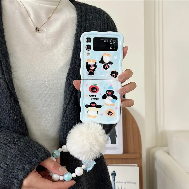 Для Samsung Galaxy Z Flip4 5G Чехол с рисунком пингвина IMD PC Чехол для телефона с ручным ремешком - Стиль A
