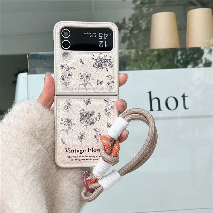 For Samsung Galaxy Z Flip4 5G Case Leather Coated+PC Pattern Printing Phone Cover with Hand Strap - Tulip