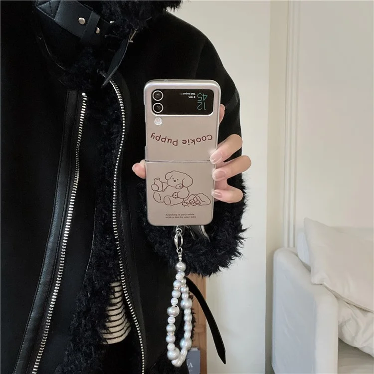 For Samsung Galaxy Z Flip4 5G Phone Case Electroplating Lined Bear Pattern Cover with Wrist Strap - Style B