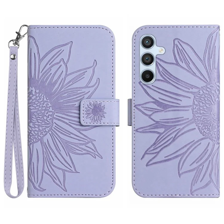 Étui pour Samsung Galaxy M15 5G HT04 en cuir PU avec sangle de poignet, motif tournesol et portefeuille - Violet clair