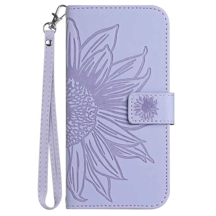 Étui pour Samsung Galaxy M15 5G HT04 en cuir PU avec sangle de poignet, motif tournesol et portefeuille - Violet clair