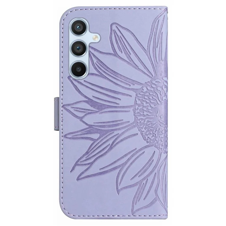 Étui pour Samsung Galaxy M15 5G HT04 en cuir PU avec sangle de poignet, motif tournesol et portefeuille - Violet clair
