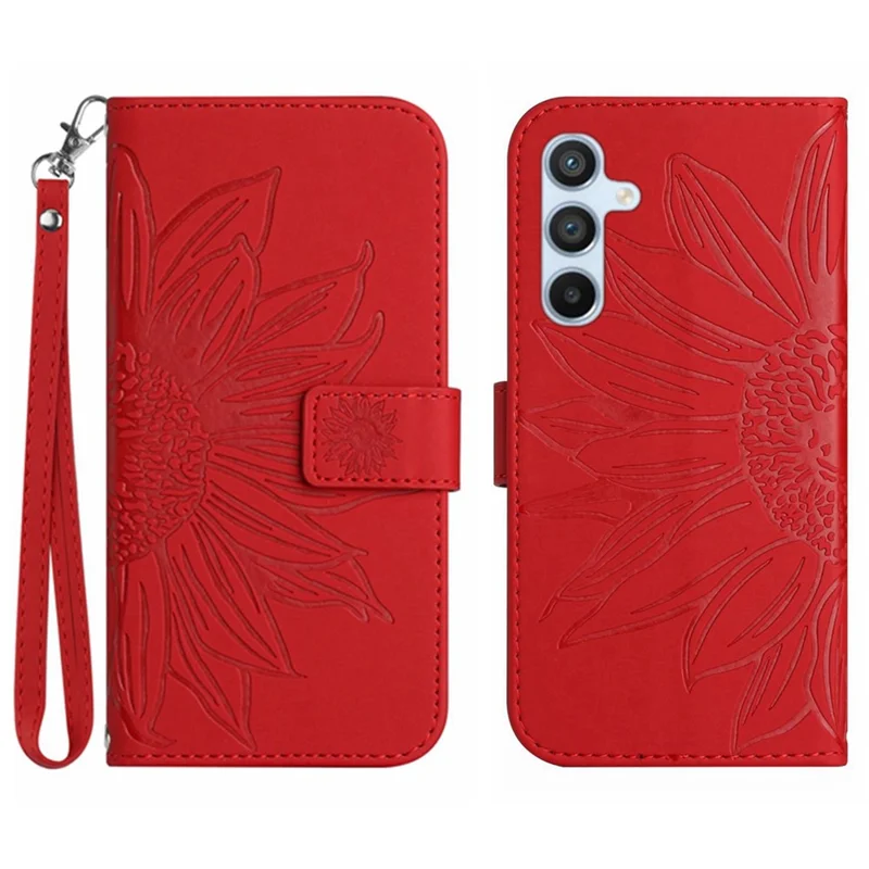 HT04 For Samsung Galaxy M15 5G Case PU Leather Wrist Strap Sunflower Wallet Phone Cover - Red