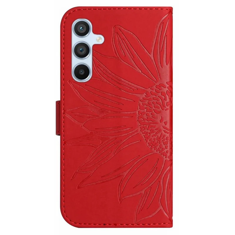 HT04 For Samsung Galaxy M15 5G Case PU Leather Wrist Strap Sunflower Wallet Phone Cover - Red