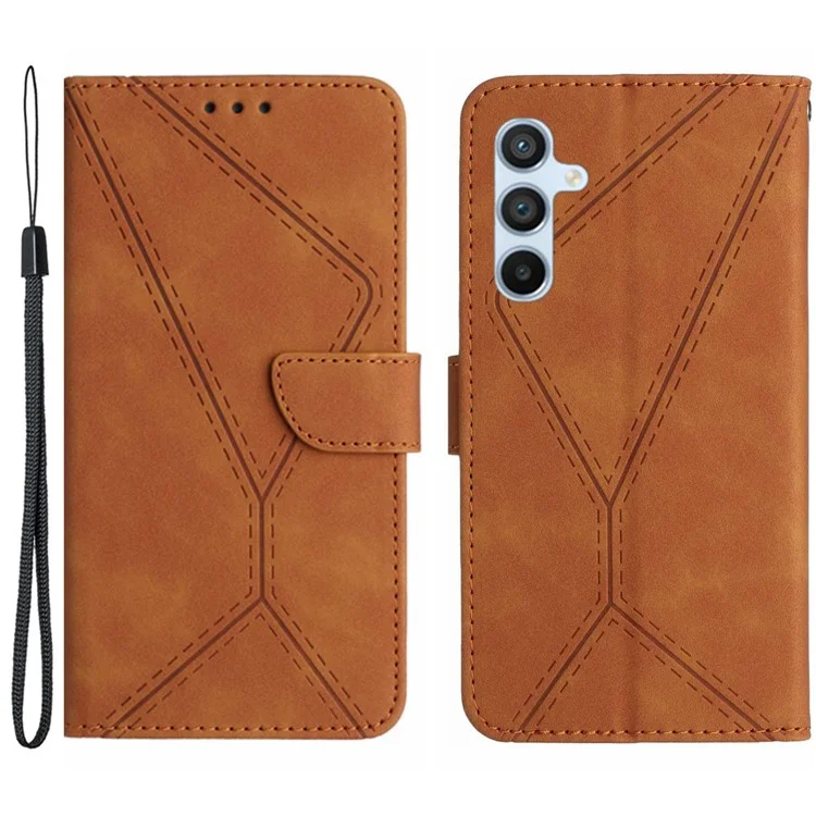 HT05 Per Samsung Galaxy M15 5G Case Lines Imprinted PU Leather Skin-touch Phone Cover - Marrone