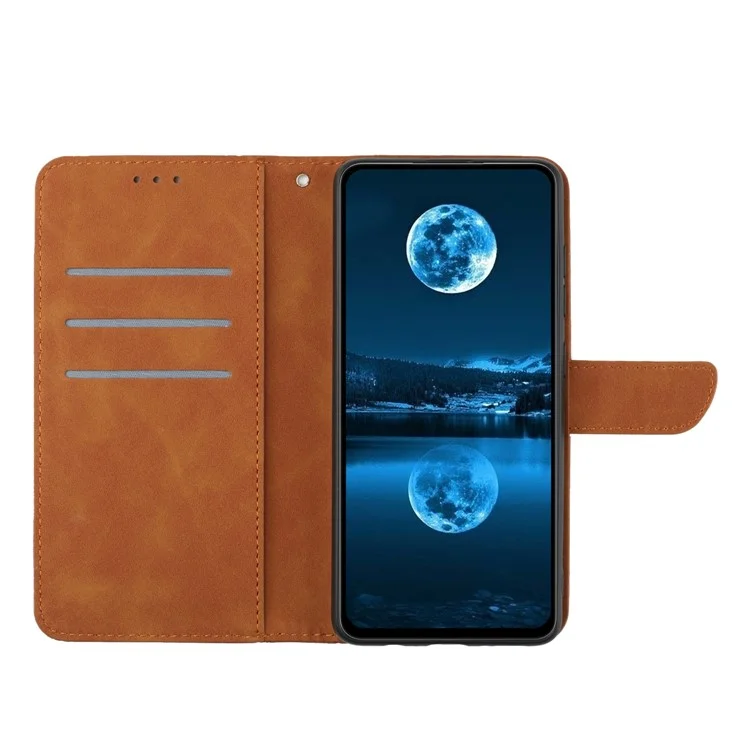 HT05 Per Samsung Galaxy M15 5G Case Lines Imprinted PU Leather Skin-touch Phone Cover - Marrone