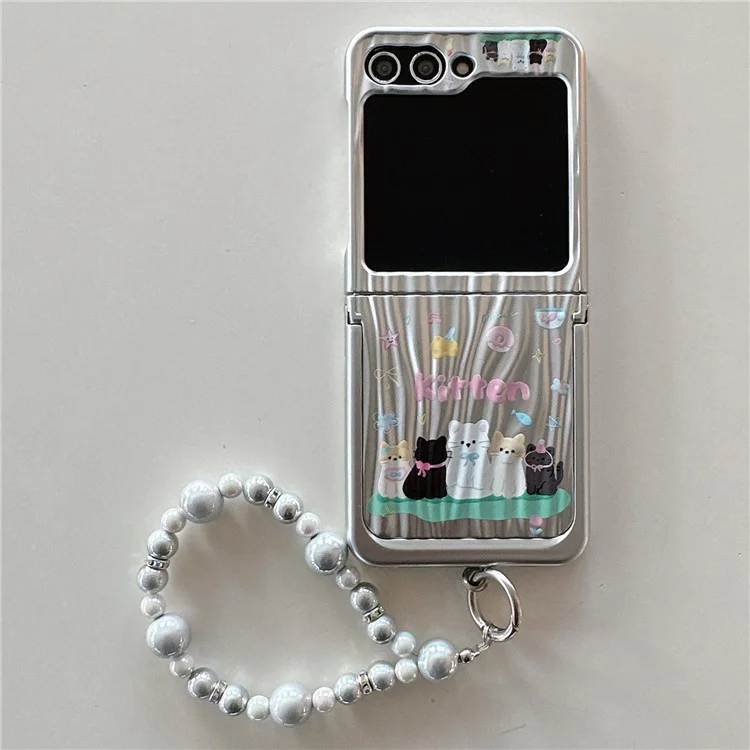 For Samsung Galaxy Z Flip5 5G Phone Case Ripple Texture Pattern Print PC Cover with Beads Strap - 5 Cats