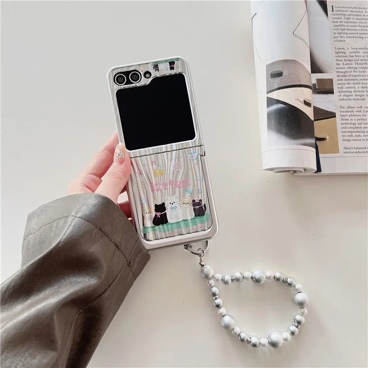 For Samsung Galaxy Z Flip5 5G Phone Case Ripple Texture Pattern Print PC Cover with Beads Strap - 5 Cats