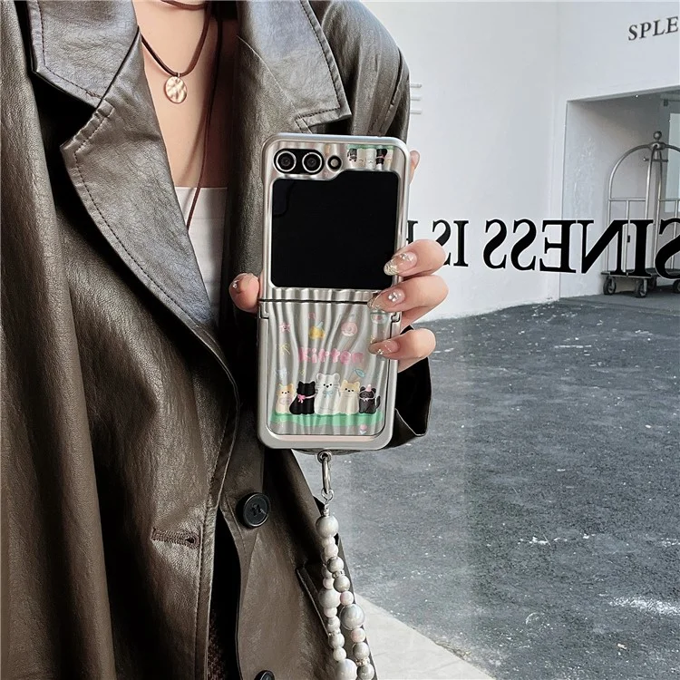 For Samsung Galaxy Z Flip5 5G Phone Case Ripple Texture Pattern Print PC Cover with Beads Strap - 5 Cats