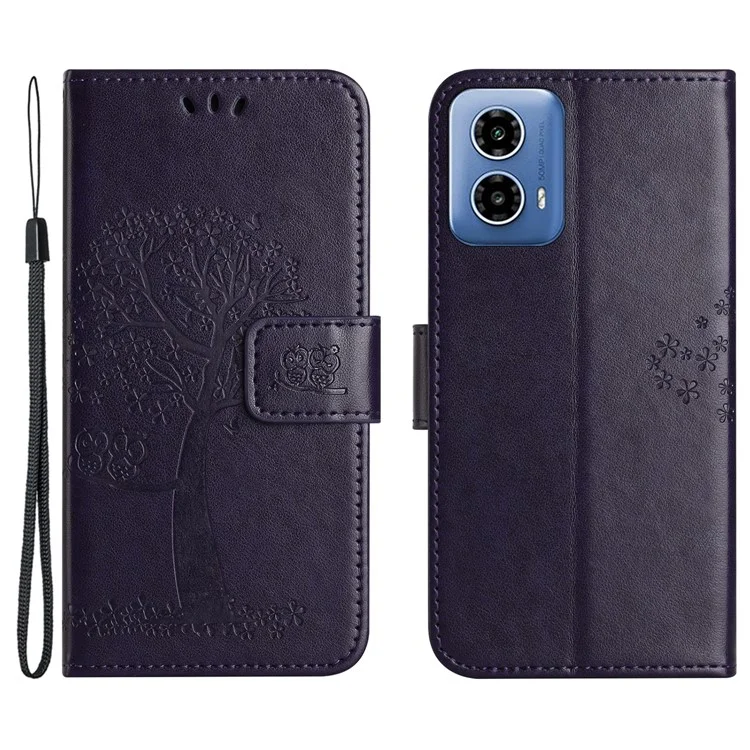 Für Motorola Moto E14 4G / G04 4G / G04s 4G / G24 4G Wallet Case Owl Tree Pattern PU Leder Phone Cover - Dunkelviolett
